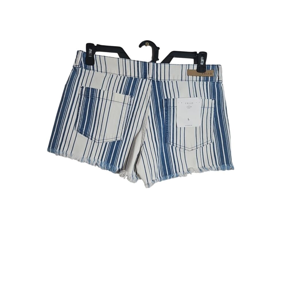 NWT Womens Cello Low Rise Blue Stripe Shorts Sz L Cut Off Fringe Festival